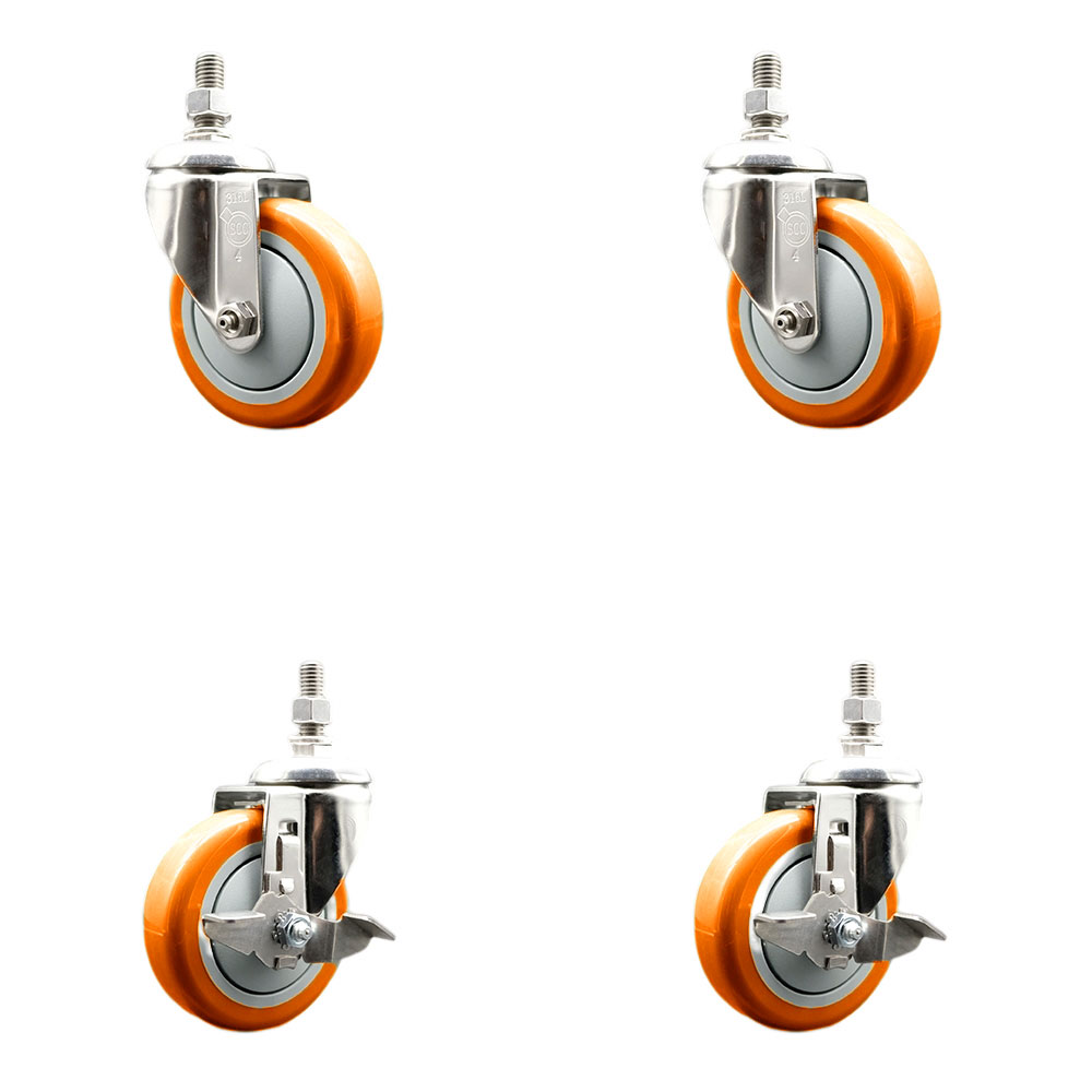Poly Swivel Stem Caster with 4 in. Orange Caster Wheels, 12 mm Threaded Stems - 316 Stainless Steel Casters - Set of 4