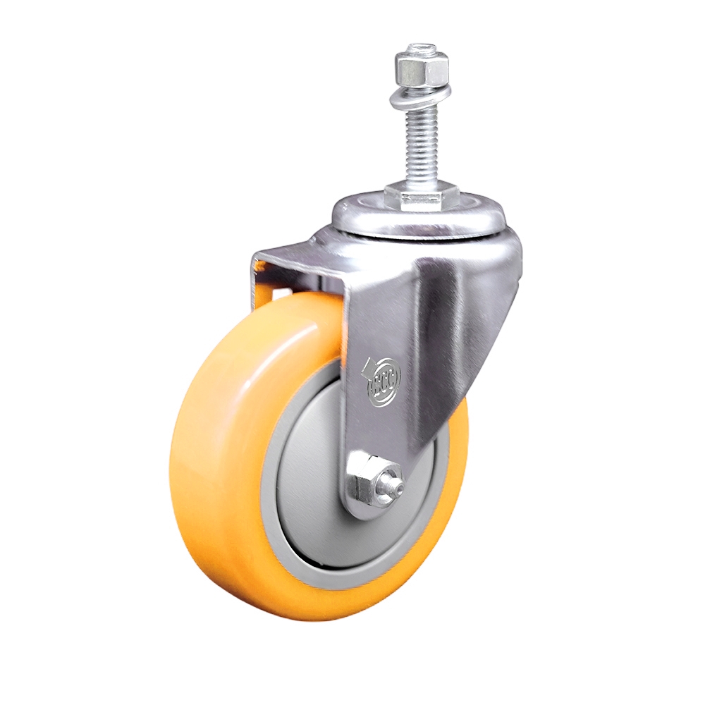 Polyurethane Swivel Stem Caster with 4 in. Yellow Caster Wheels, 0.38 in. Threaded Stem - 316 Stainless Steel Caster