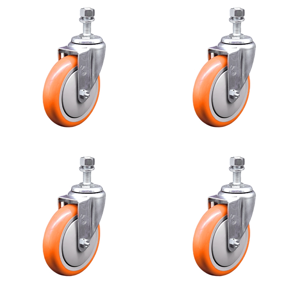 Polyurethane Swivel Stem Caster with 5 in. Orange Caster Wheels, 0.5 in. Threaded Stems - 316 Stainless Steel Casters - Set of 4