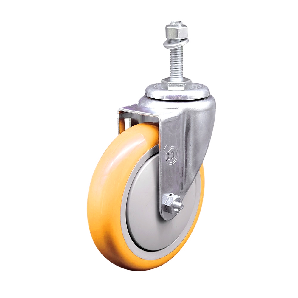 Polyurethane Swivel Stem Caster with 5 in. Yellow Caster Wheels, 10 mm Threaded Stem - 316 Stainless Steel Caster