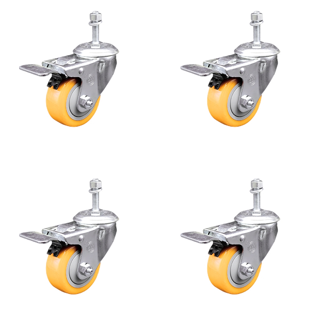 Polyurethane Swivel Stem Caster with 3 in. Yellow Caster Wheels, 0.38 in. Threaded Stems - 316 Stainless Steel Casters - Set of 4