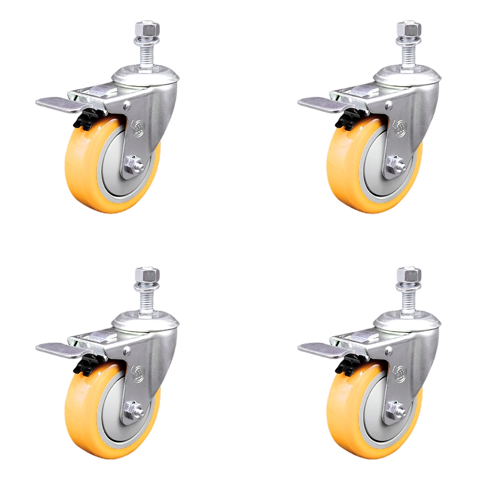 Polyurethane Swivel Stem Caster with 4 in. Yellow Caster Wheels, 0.5 in. Threaded Stems - 316 Stainless Steel Casters - Set of 4