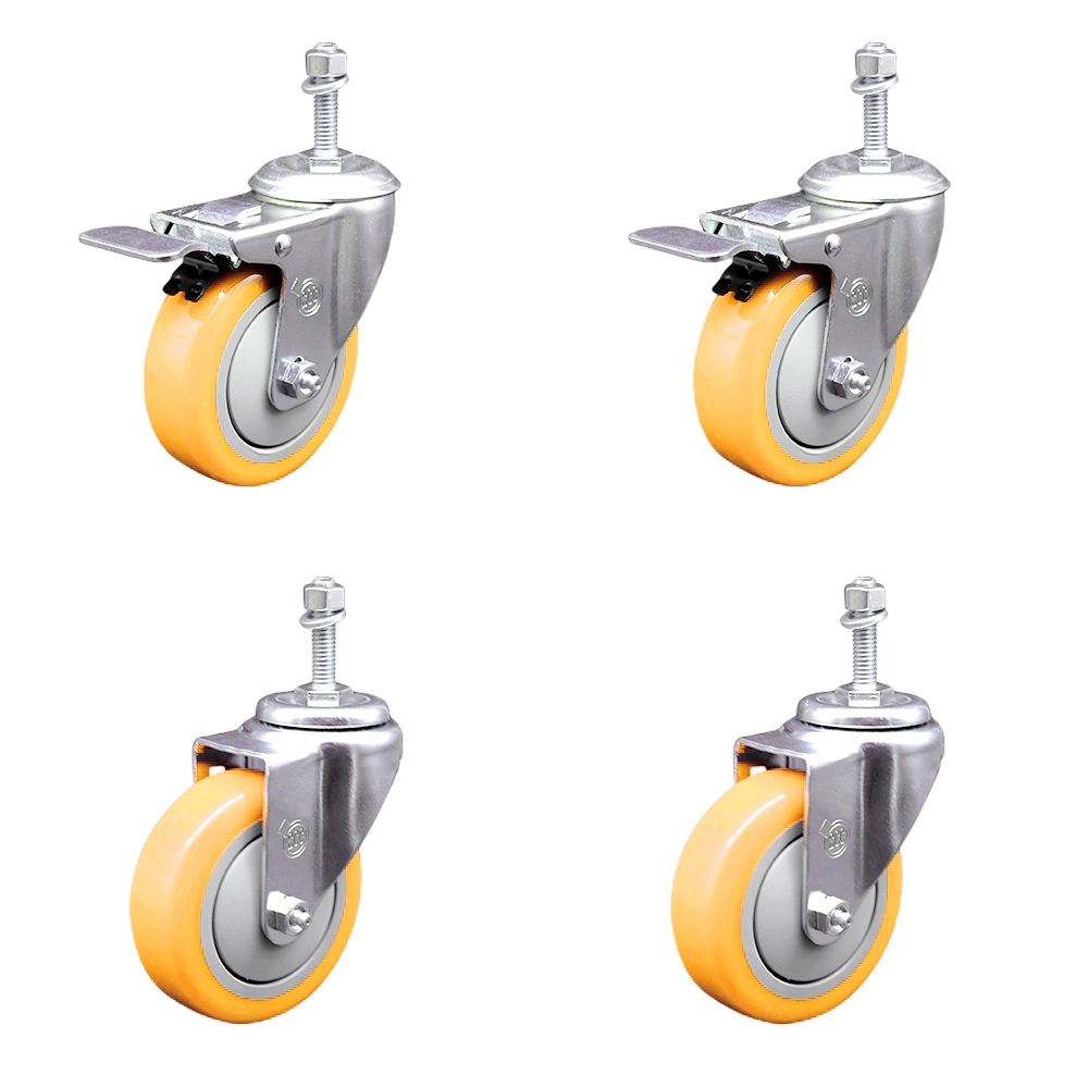 Poly Swivel Stem Caster with 4 in. Yellow Caster Wheels, 10 mm Threaded Stems - 316 Stainless Steel Caster - Set of 4