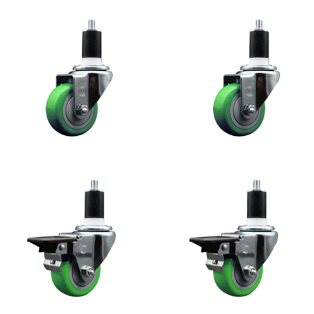 SCC-EX20S314-PPUB-GRN-2-PLB-2-112 Polyurethane Swivel Expanding Stem Caster with 3 in. Green Wheels & 1.5 in. Stems - Set of 4