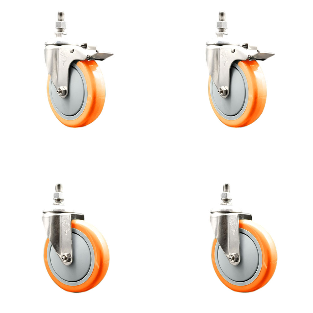 Poly Swivel Stem Caster with 5 in. Orange Caster Wheels, 0.5 in. Threaded Stems - 316 Stainless Steel Casters - Set of 4