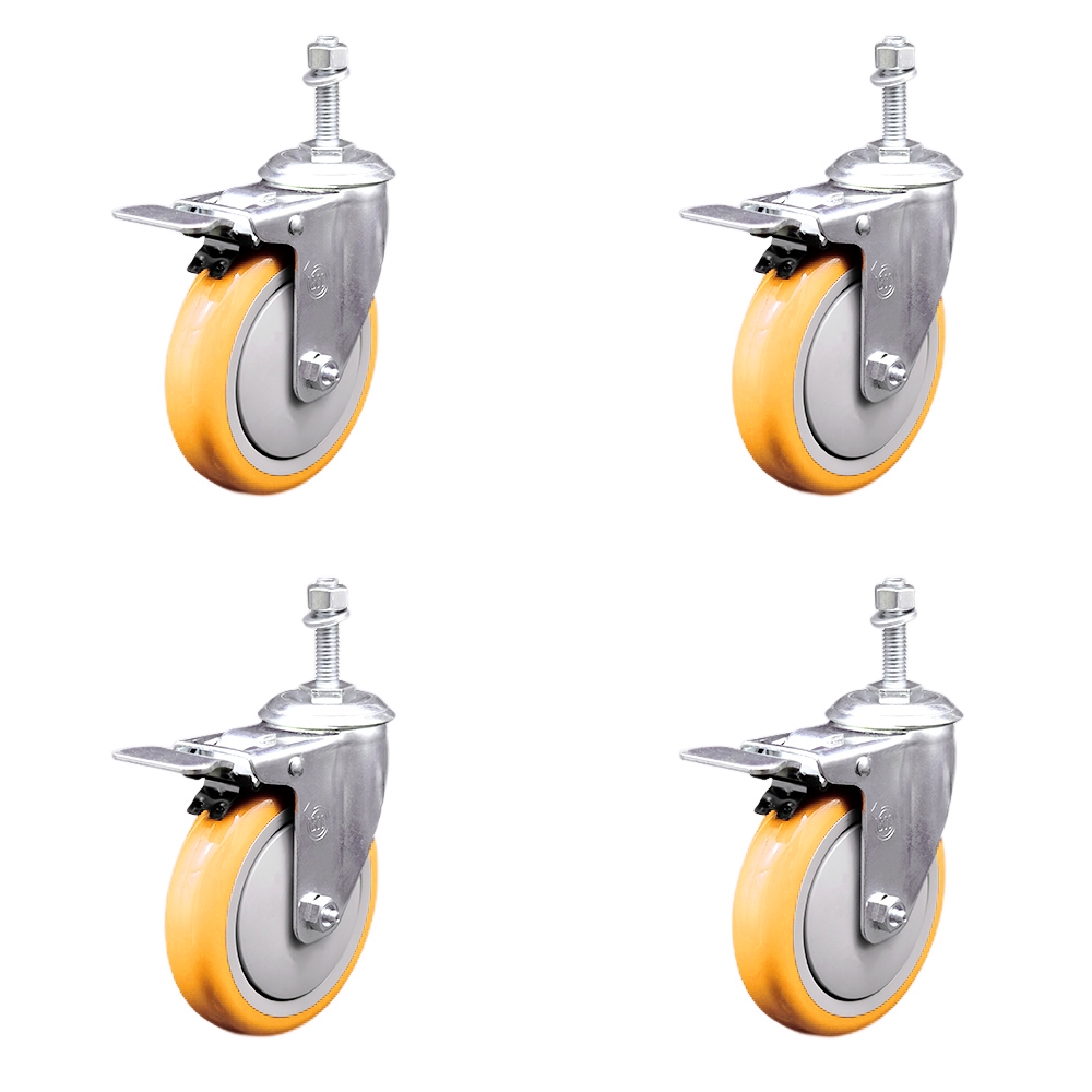 Polyurethane Swivel Stem Caster with 5 in. Yellow Caster Wheels, 0.38 in. Threaded Stems - 316 Stainless Steel Casters - Set of 4