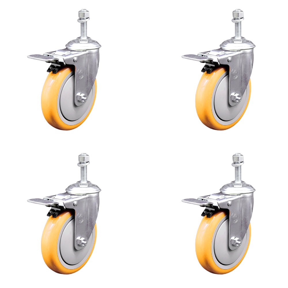 Polyurethane Swivel Stem Caster with 5 in. Yellow Caster Wheels, 10 mm Threaded Stems - 316 Stainless Steel Casters - Set of 4