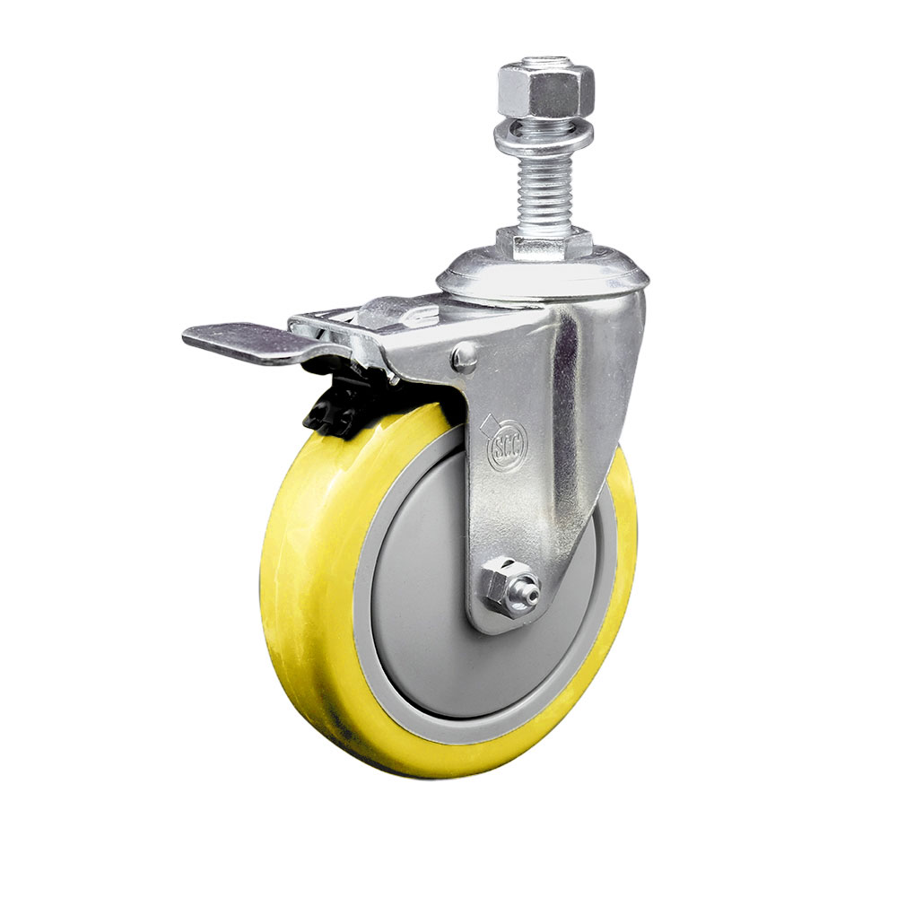 Polyurethane Swivel Stem Caster with 5 in. Yellow Caster Wheels & Total Lock Brake, 12 mm Threaded Stem - 316 Stainless Steel Caster