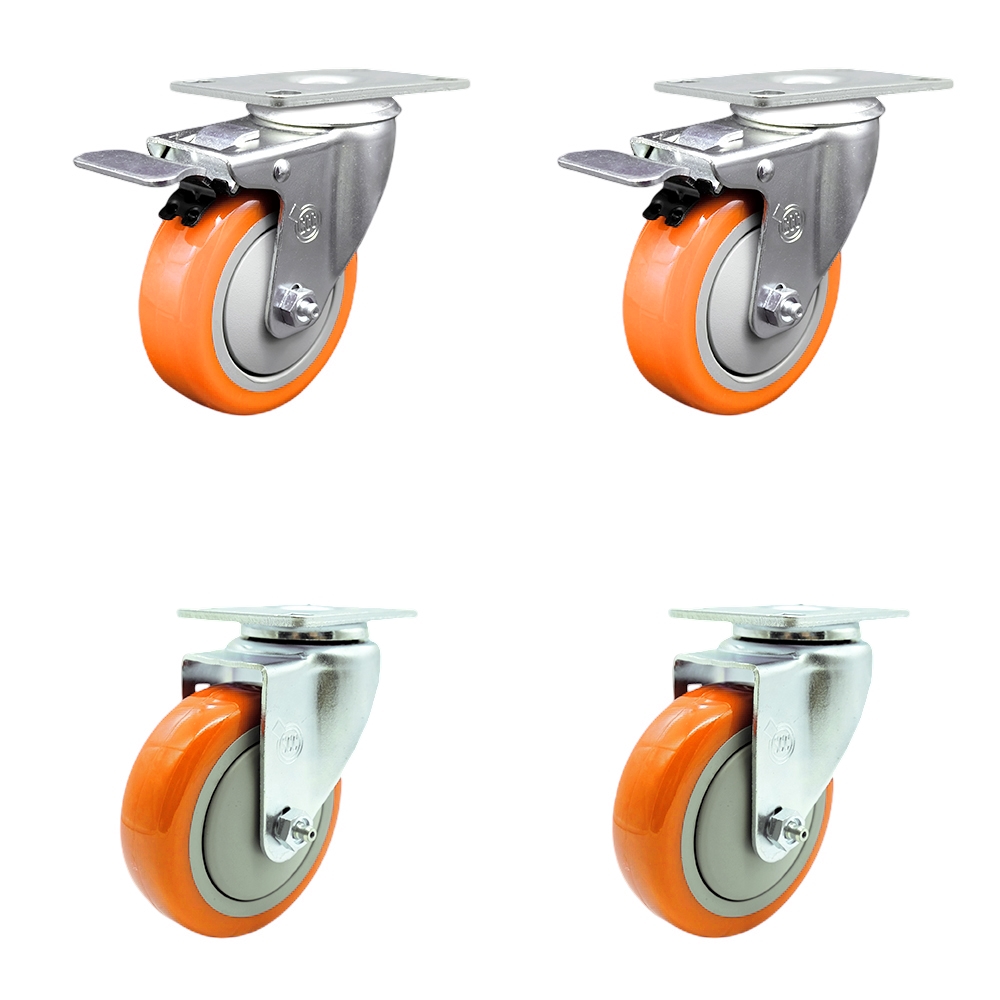 SCC-SS316TTL20S414-PPUB-ORG-2-S-2 Polyurethane Swivel Top Plate Caster with 4 in. 316 Stainless Steel Orange Wheels - Set of 4