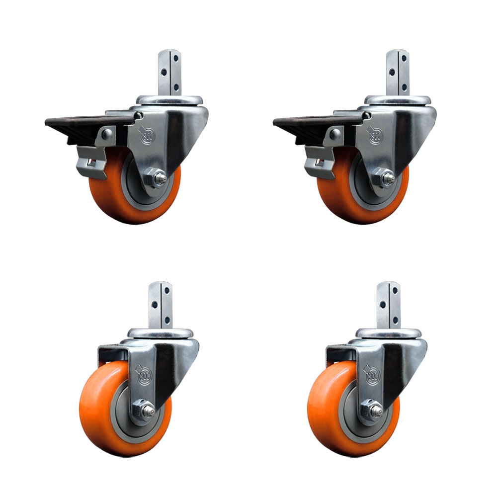 Swivel Square Stem Caster with 3 x 1.25 in. Orange Poly Wheel, 0.75 x 2 in. Square Stem with 3 0.26 in. Diameter Mounting Holes - Set of 4