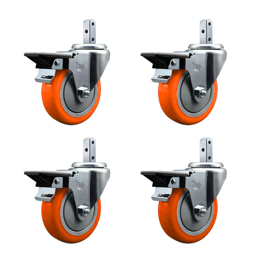 Swivel Square Stem Caster with 4 x 1.25 in. Orange Poly Wheel, 0.75 x 2 in. Square Stem with 3 0.26 in. Diameter Mounting Holes - Set of 4