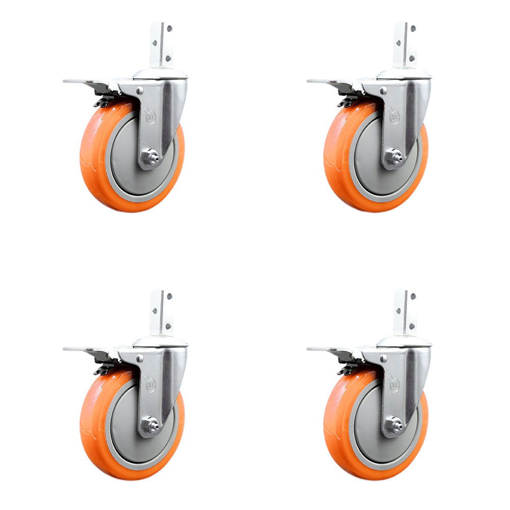 Swivel Square Stem Caster with 5 x 1.25 in. Orange Poly Wheel, 0.75 x 2 in. Square Stem with 3 0.26 in. Diameter Mounting Holes - Set of 4