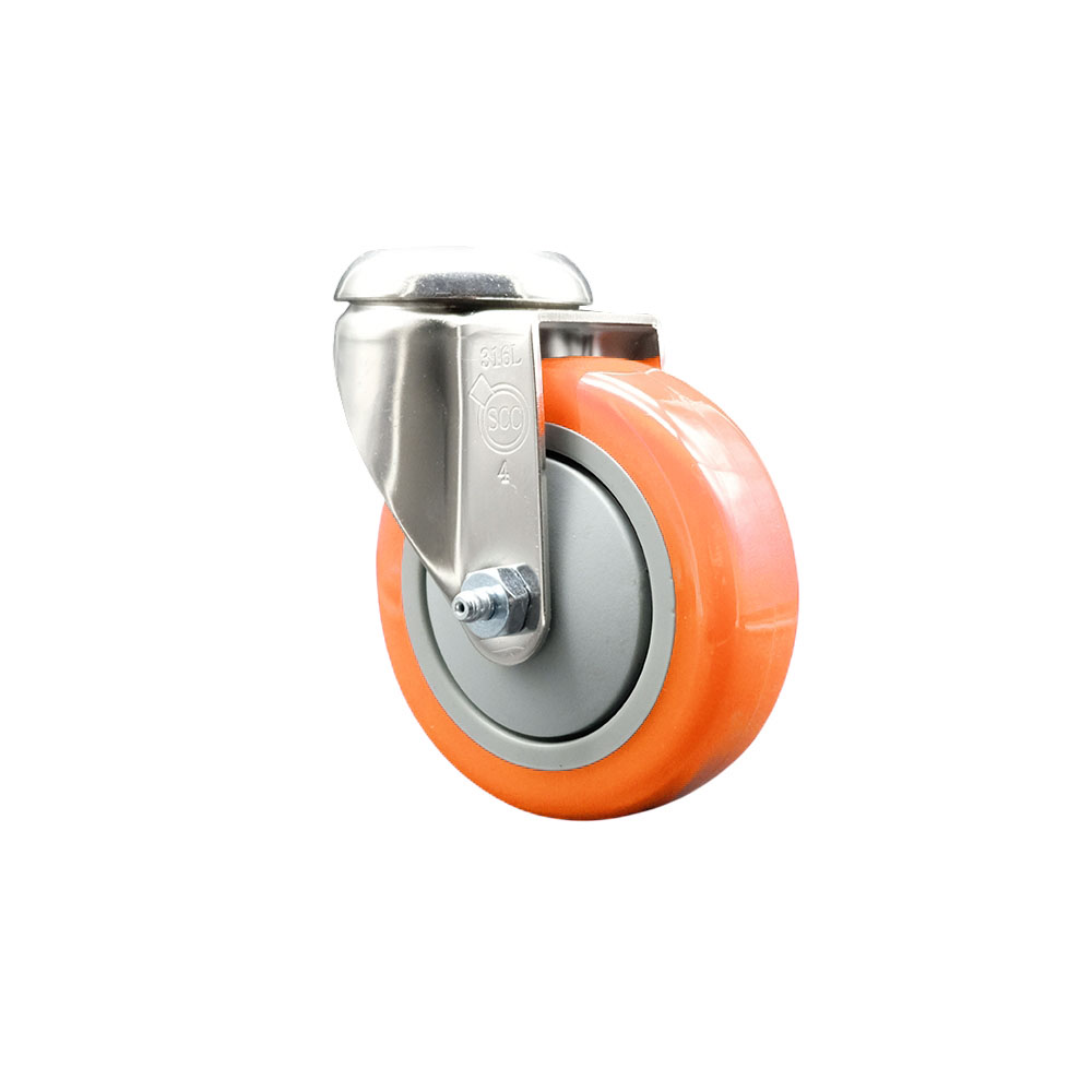SCC-SS316BH20S414-PPUB-ORG Polyurethane Swivel Bolt Hole Caster with 4 in. Orange Caster Wheel - 316 Stainless Steel Caster