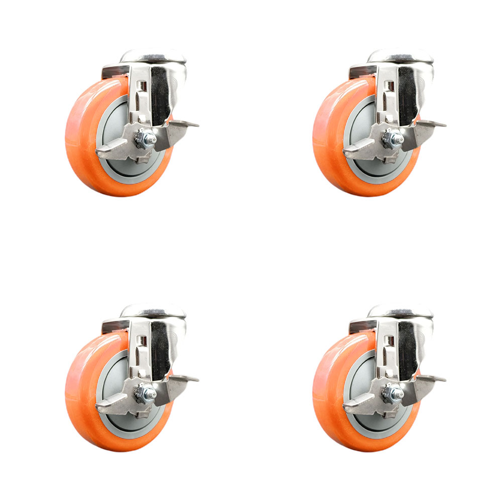 SCC-SS316BH20S414-PPUB-ORG-TLB-4 Polyurethane Swivel Bolt Hole Caster with 4 in. Orange Caster Wheels - 316 Stainless Steel Casters - Set of 4
