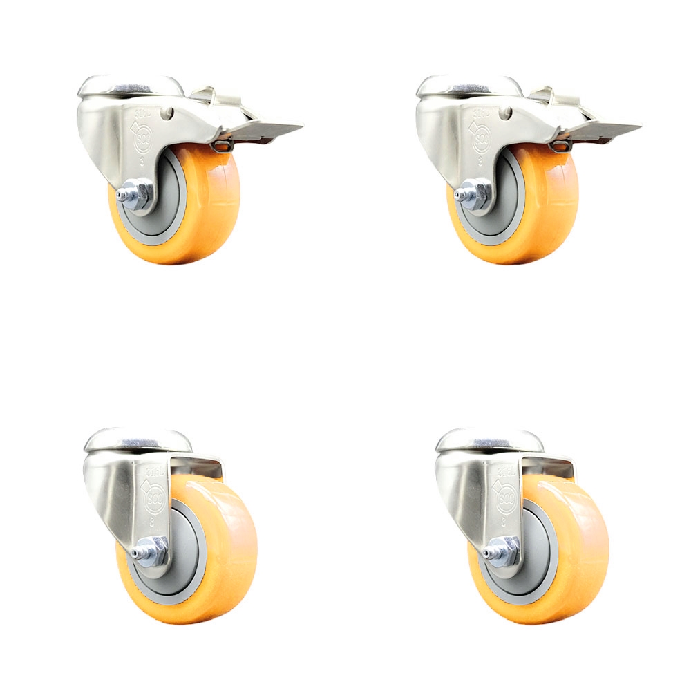 SCC-SS316BHTTL20S314-PPUB-YEL-2-S-2 Polyurethane Swivel Bolt Hole Caster with 3 in. Yellow Caster Wheels - 316 Stainless Steel Casters - Set of 4