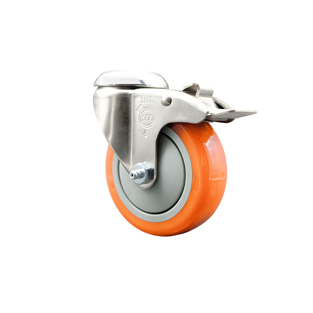 SCC-SS316BHTTL20S414-PPUB-ORG Polyurethane Swivel Bolt Hole Caster with 4 in. Orange Caster Wheel & Total Lock Brake - 316 Stainless Steel Caster