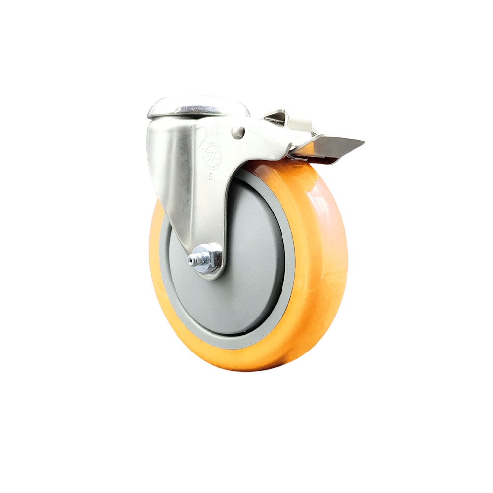 SCC-SS316BHTTL20S514-PPUB-YEL Polyurethane Swivel Bolt Hole Caster with 5 in. Yellow Caster Wheel & Total Lock Brake - 316 Stainless Steel Caster