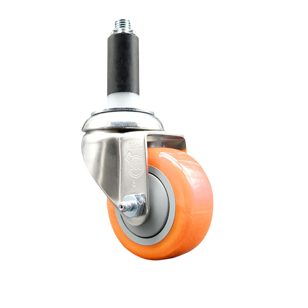 Polyurethane Swivel Stem Caster with 3 in. Orange Caster Wheels, 1.13 in. Expanding Stem - 316 Stainless Steel Caster
