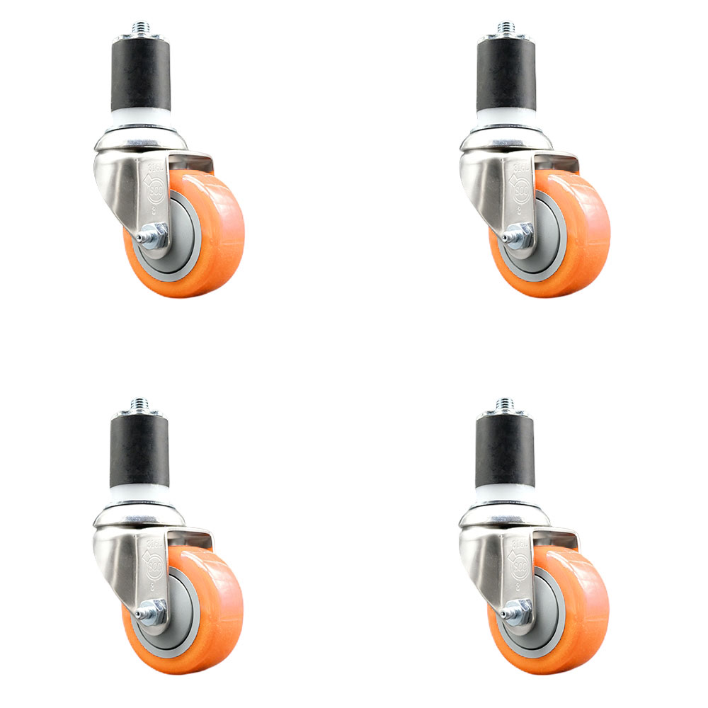 Polyurethane Swivel Stem Caster with 3 in. Orange Caster Wheels, 1.75 in. Expanding Stems - 316 Stainless Steel Casters - Set of 4