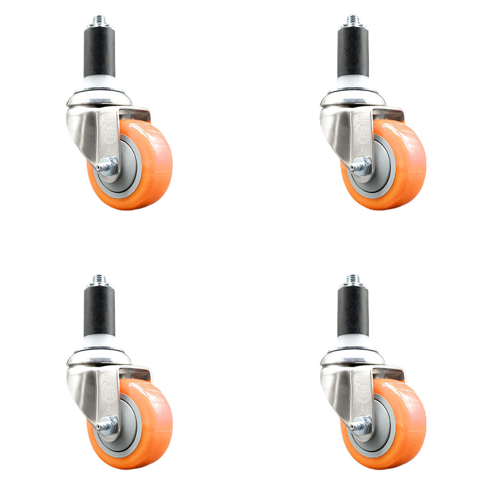 Polyurethane Swivel Stem Caster with 3 in. Orange Caster Wheels, 1.38 in. Expanding Stems - 316 Stainless Steel Casters - Set of 4