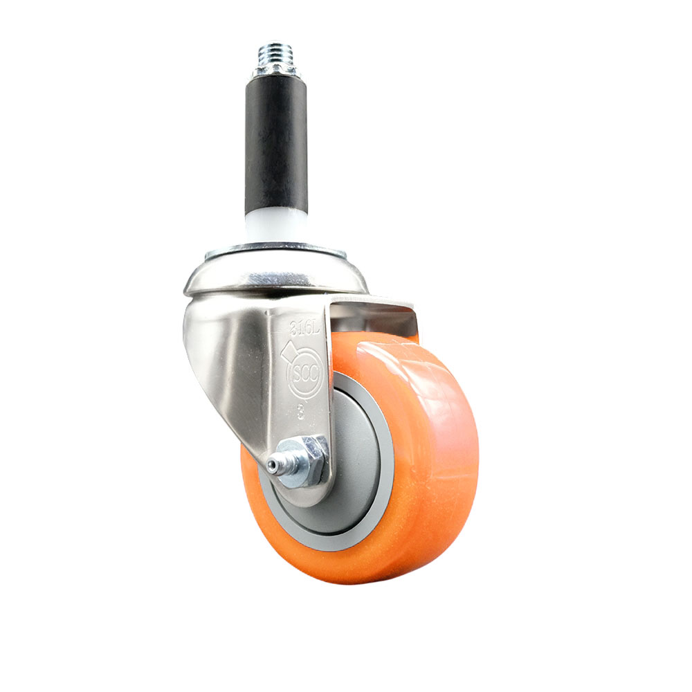Polyurethane Swivel Stem Caster with 3 in. Orange Caster Wheels, 0.75 in. Expanding Stem - 316 Stainless Steel Caster