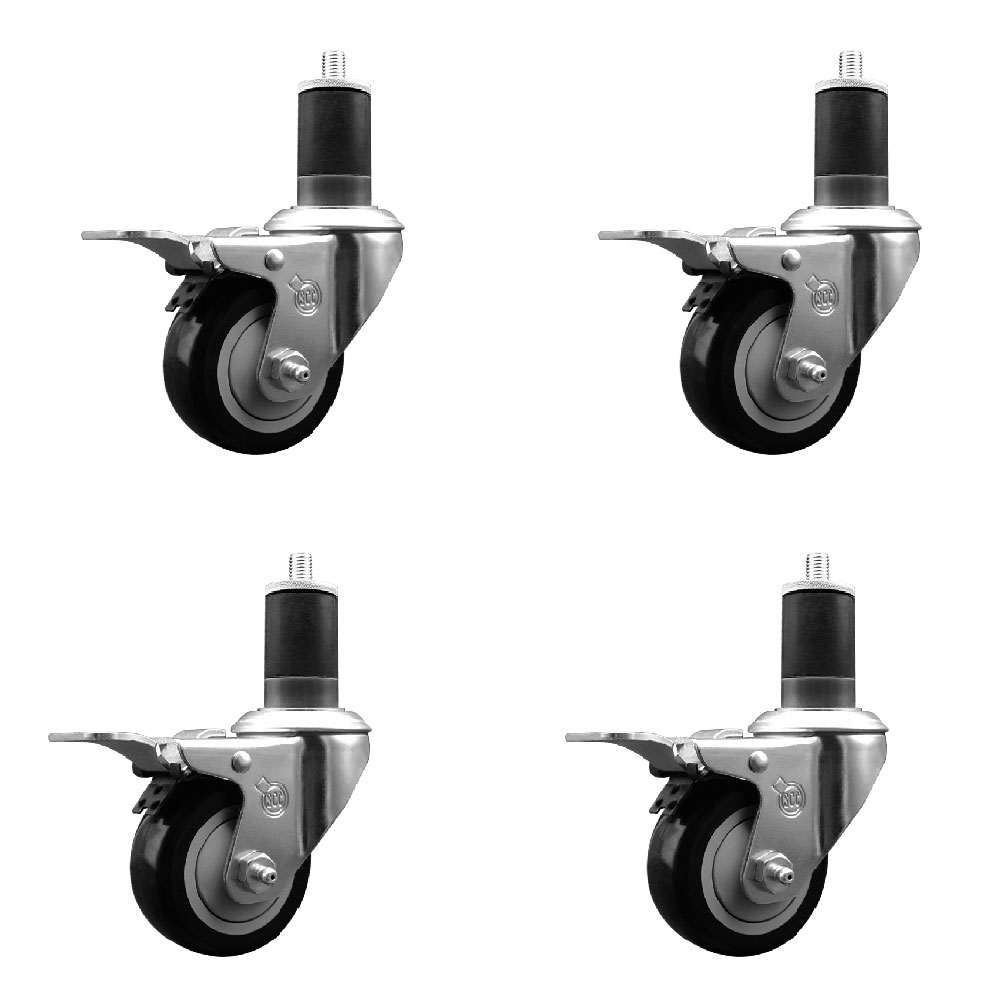 Stainless Steel Polyurethane Swivel Expanding Stem Caster with 3 in. Black Wheel & 1.63 in. Stems 4 Swivel with Total Locking Brake - Set of 4