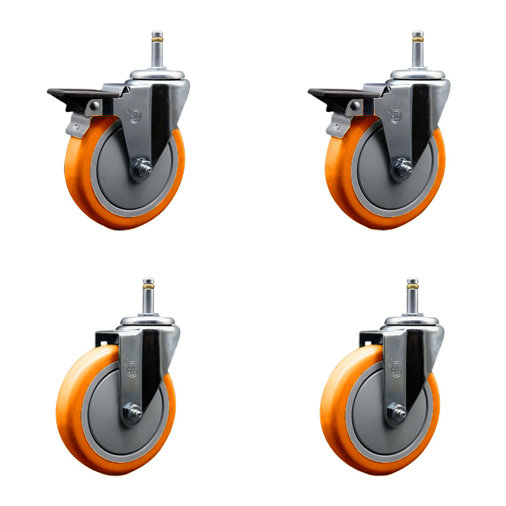 GR20S514-PPUB-ORG-PLB-716138-2-S-2 Polyurethane Swivel Grip Ring Stem Caster with 5 x 1.25 in. Orange Wheels & 0.43 in. Stems - Set of 4