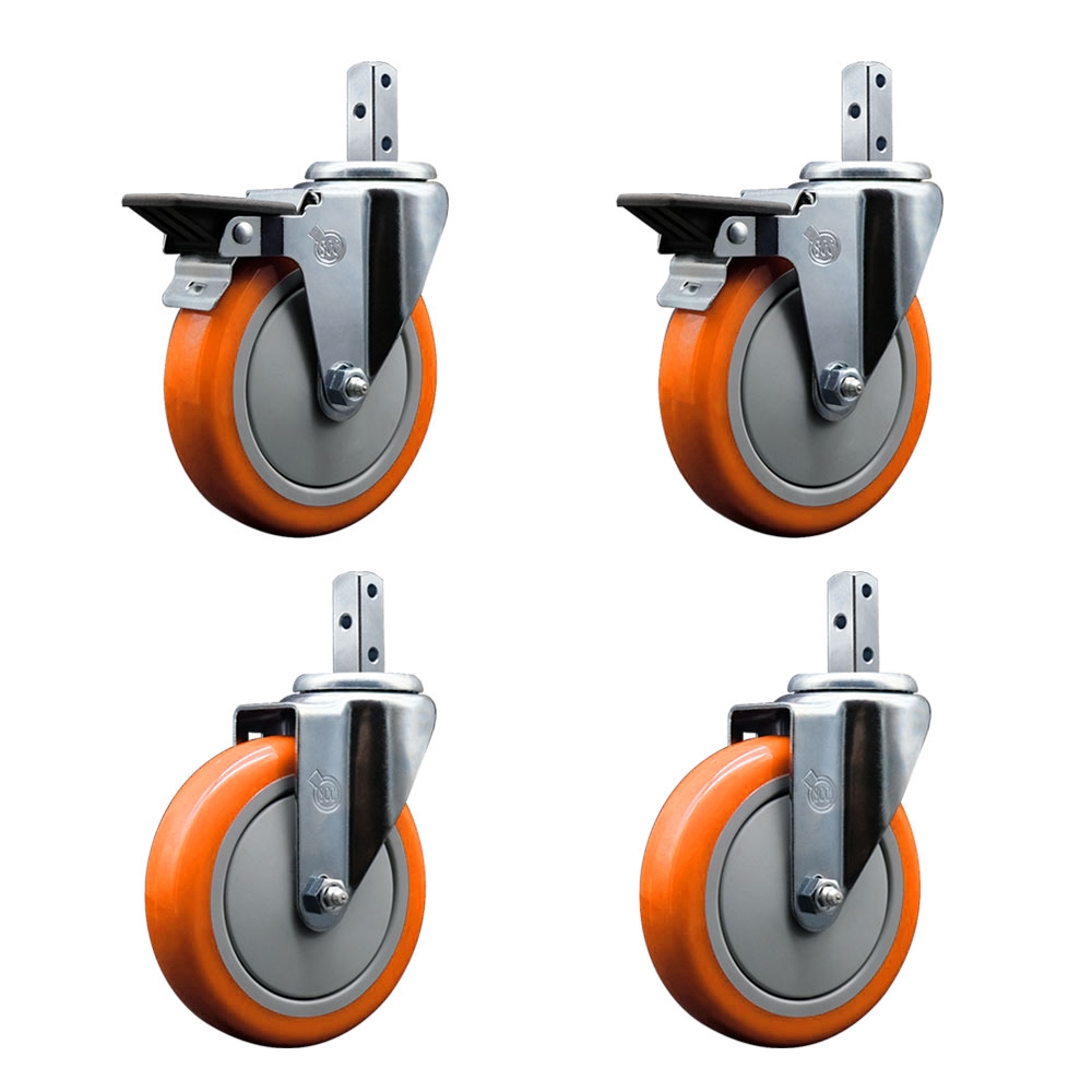 Swivel Square Stem Caster with 5 x 1.25 in. Orange Poly Wheel, 0.75 x 2 in. Square Stem with 3 0.26 in. Diameter Mounting Holes - Set of 4