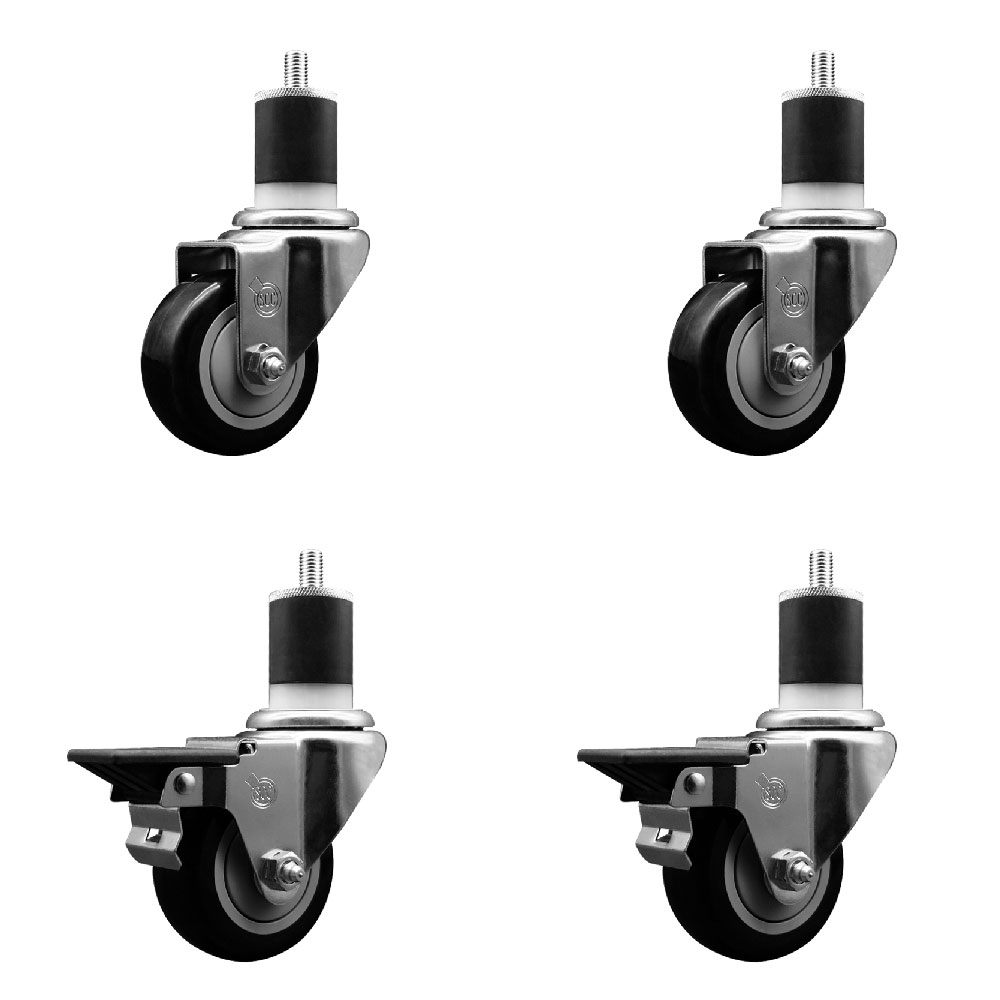 SCC-EX20S314-PPUB-BLK-2-PLB-2-178 Polyurethane Swivel Expanding Stem Caster with 3 in. Black Wheels & 1.87 in. Stems - Set of 4