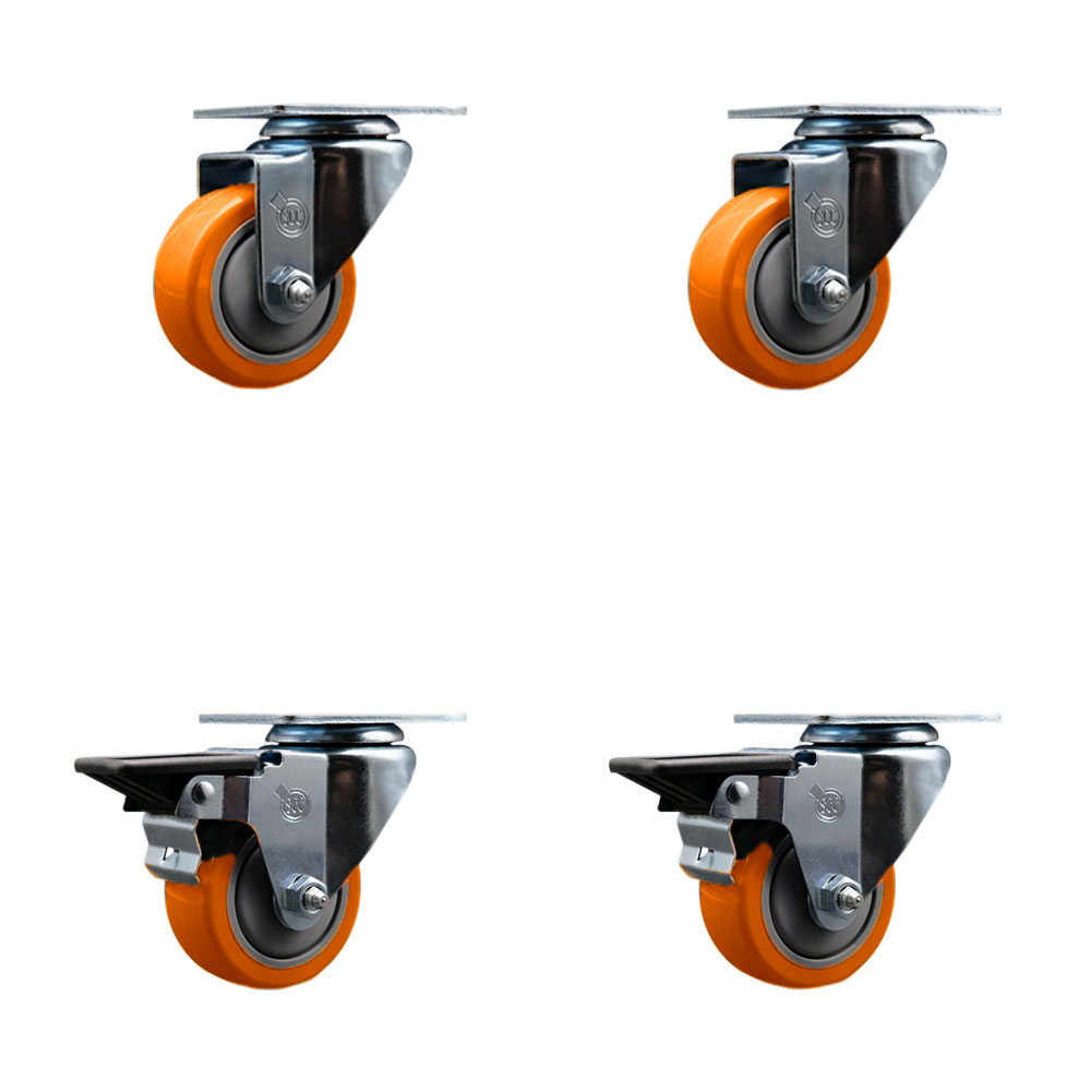 SCC-20S314-PPUB-ORG-2-PLB-2 Polyurethane Swivel Top Plate Caster with 3 in. Orange Wheels - Set of 4