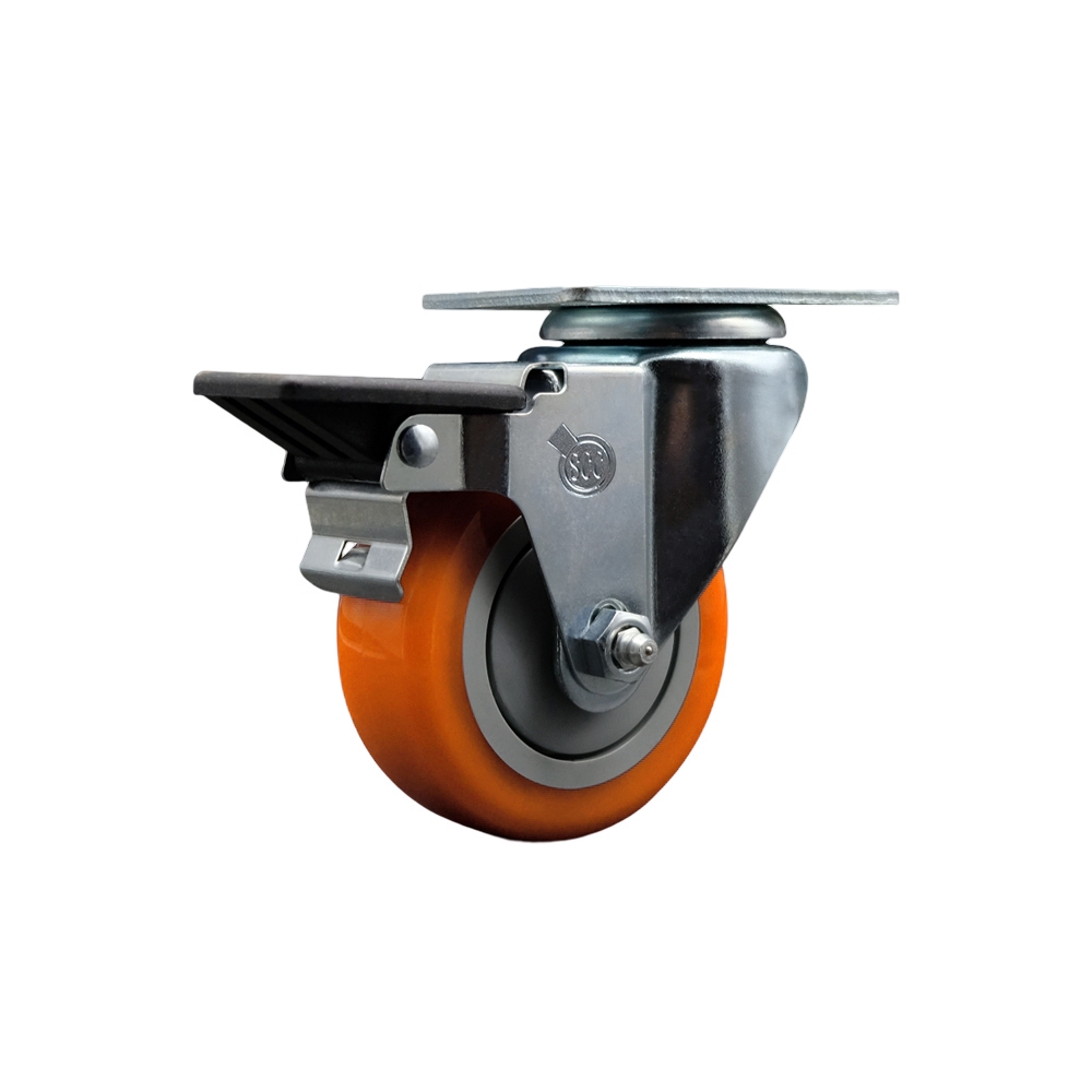 SCC-20S3514-PPUB-ORG-PLB Polyurethane Swivel Top Plate Swivel Caster with 3.5 in. Orange Wheel & Posi Locking Brake