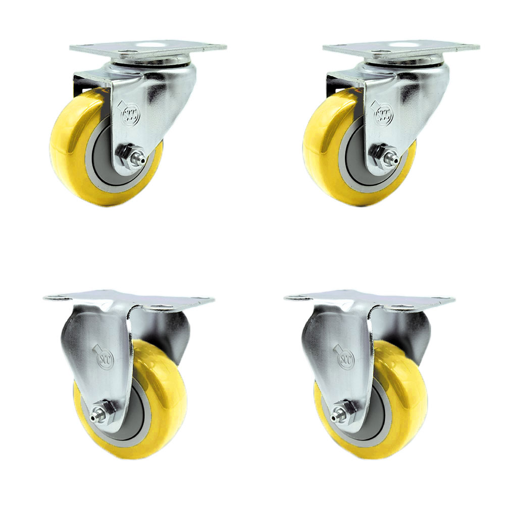 Swivel Caster with 2 Rigid Casters, 3.5 in. Yellow Polyurethane Wheel - 3.13 x 4.13 in. Overall Top Plate - Set of 4