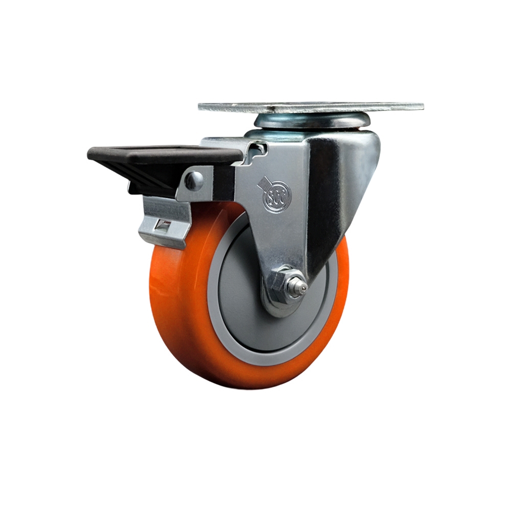 SCC-20S414-PPUB-ORG-PLB Polyurethane Swivel Top Plate Swivel Caster with 4 in. Orange Wheel & Posi Locking Brake