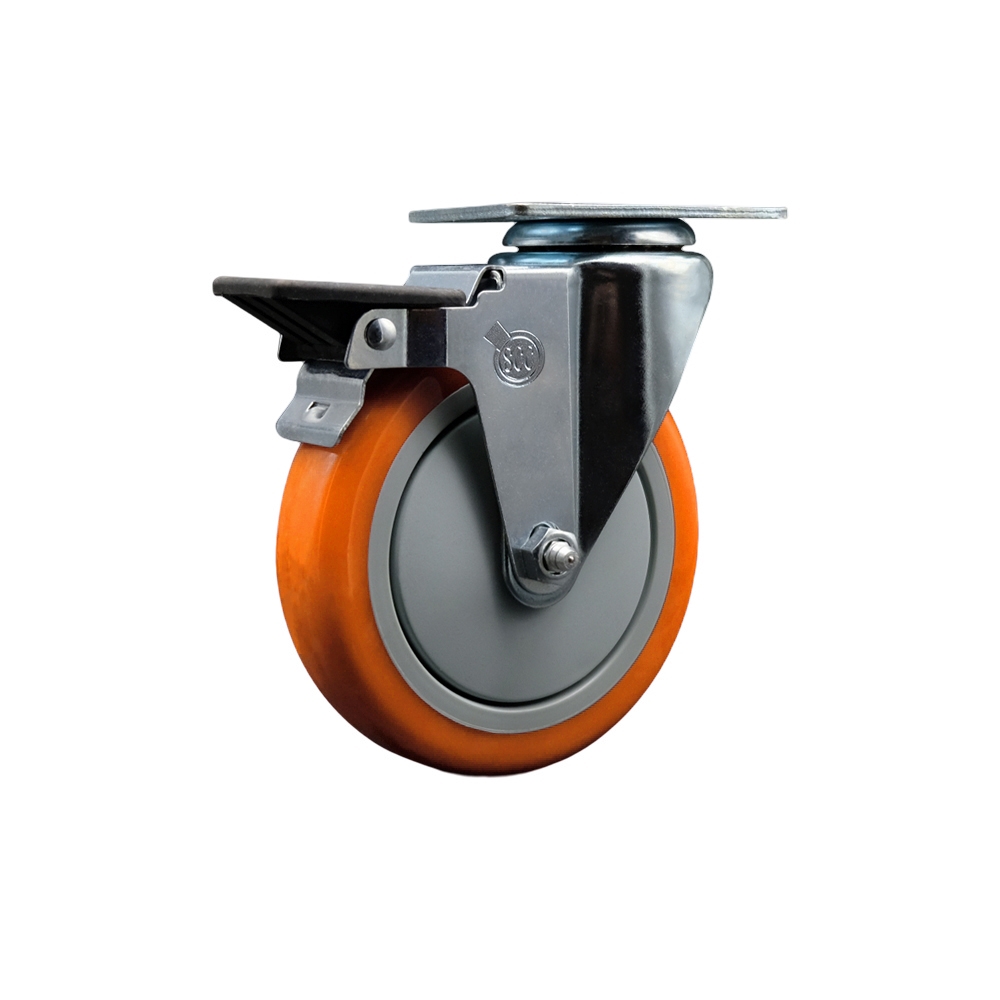 SCC-20S514-PPUB-ORG-PLB Polyurethane Swivel Top Plate Swivel Caster with 5 in. Orange Wheel & Posi Locking Brake