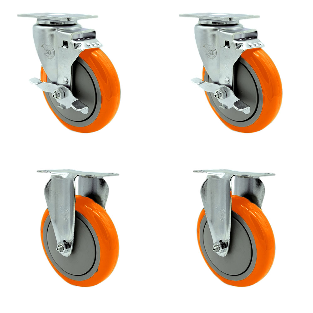SCC-20S514-PPUB-ORG-TLB-2-R514-2 Polyurethane Swivel Top Plate Caster with 5 in. Orange Wheels - Set of 4