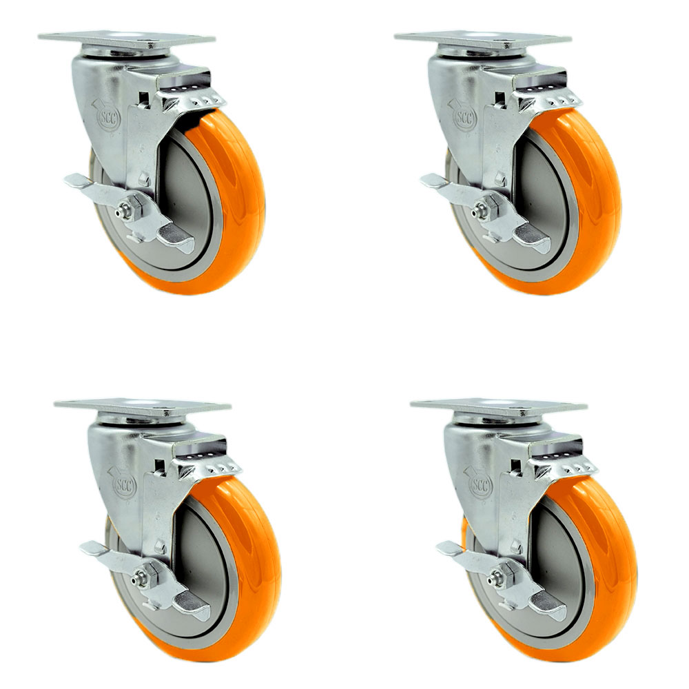 SCC-20S514-PPUB-ORG-TLB-4 Polyurethane Swivel Top Plate Caster with 5 in. Orange Wheels - Set of 4