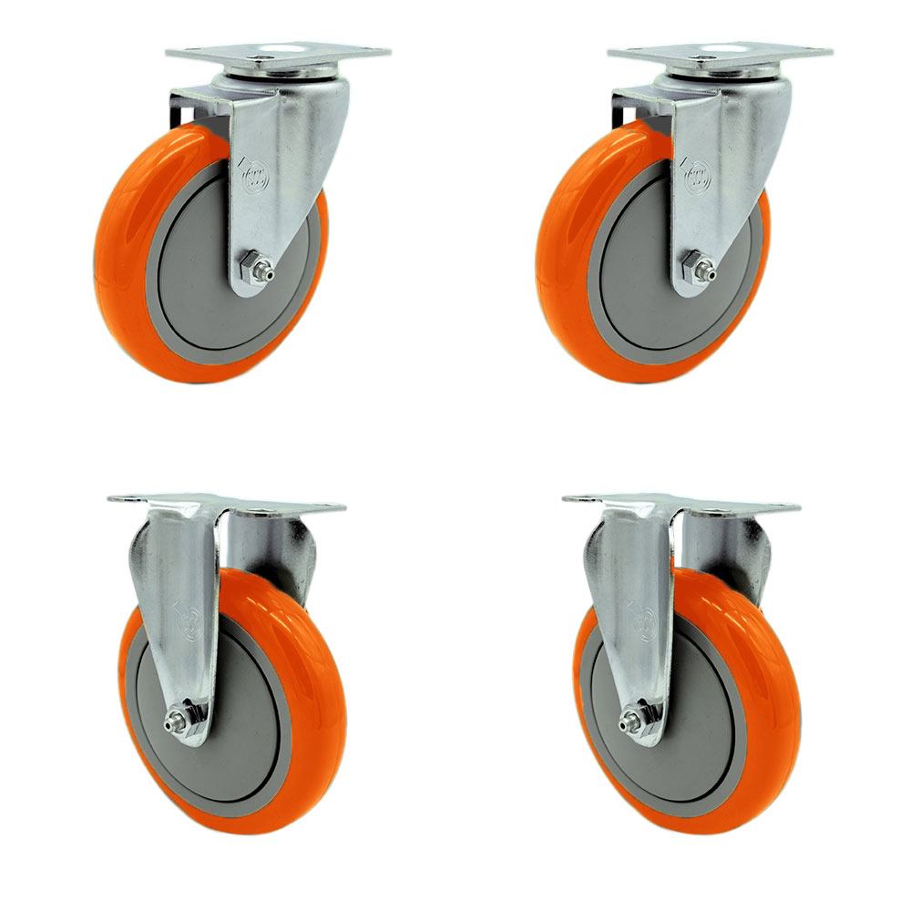 SCC-20S514-PPUB-ORG-TP2-2-R-2 Swivel Caster with 2 Rigid Casters, 5 in. Orange Polyurethane Wheel - 3.13 x 4.13 in. Overall Top Plate - Set of 4