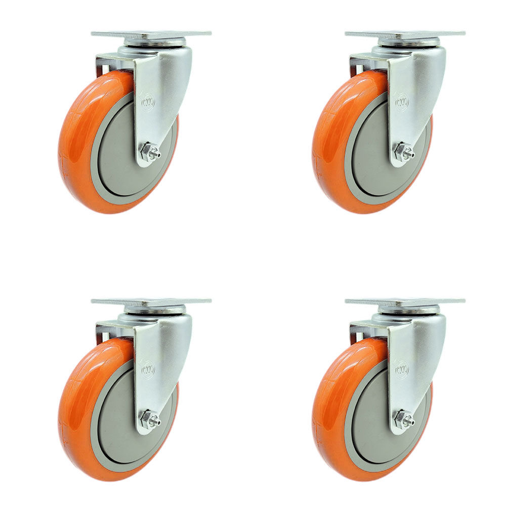 SCC-20S514-PPUB-ORG-TP2-4 Swivel Caster with 5 in. Orange Polyurethane Wheel - 3.13 x 4.13 in. Overall Top Plate - Set of 4