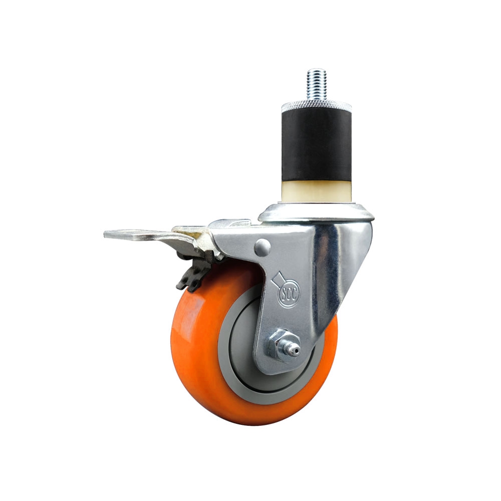 Stainless Steel Polyurethane Expanding Stem Swivel Caster with 3.5 in. Orange Wheel & 1.87 in. Stem & Total Locking Brake