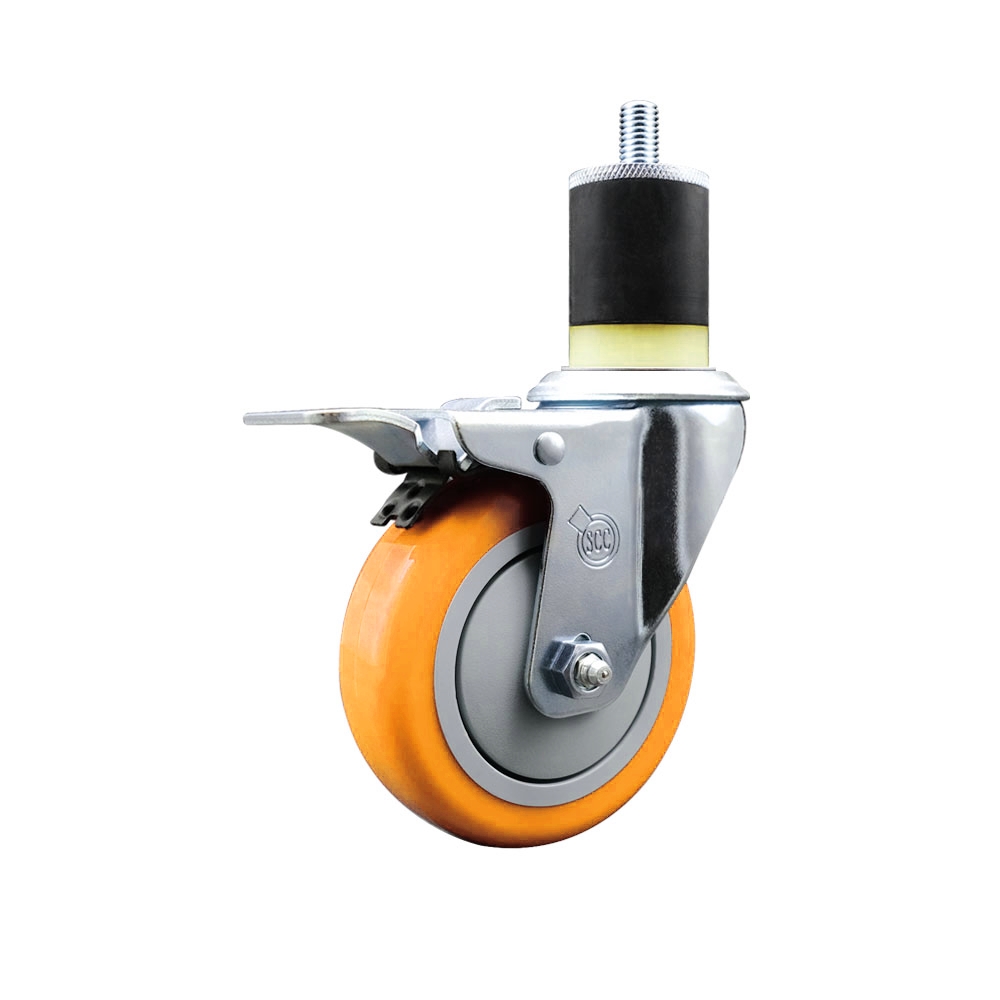 Stainless Steel Polyurethane Expanding Stem Swivel Caster with 4 in. Yellow Wheel & 1.87 in. Stem & Total Locking Brake