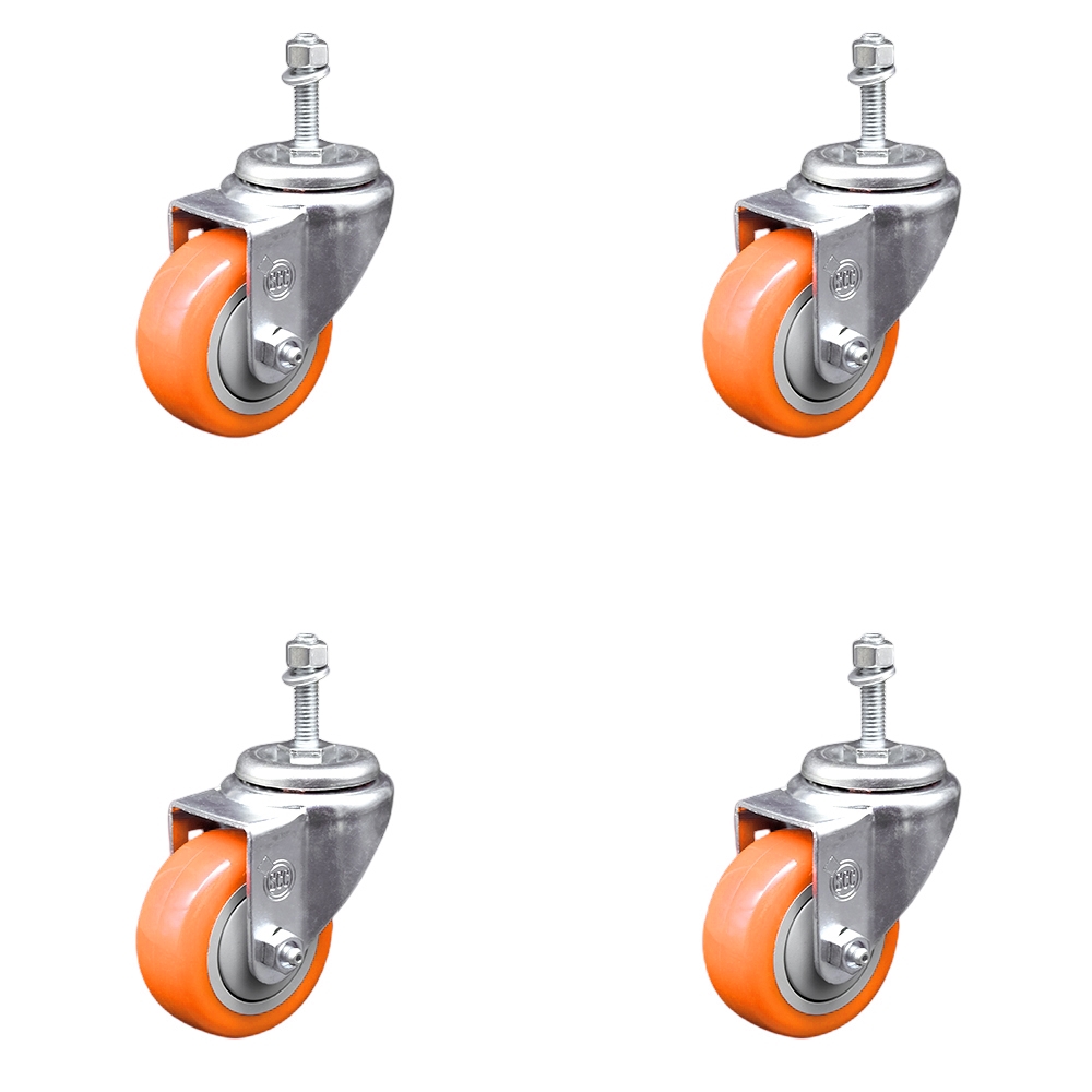 SCC-SSTS20S314-PPUB-ORG-M1015-4 Stainless Steel Polyurethane Swivel Threaded Stem Caster with 3 x 1.25 in. Orange Wheels & 10 mm Stems - Set of 4