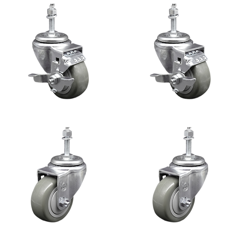 Stainless Steel Polyurethane Swivel Threaded Stem Caster with 3 x 1.25 in. Orange Wheels & 0.38 in. Stems - Set of 4