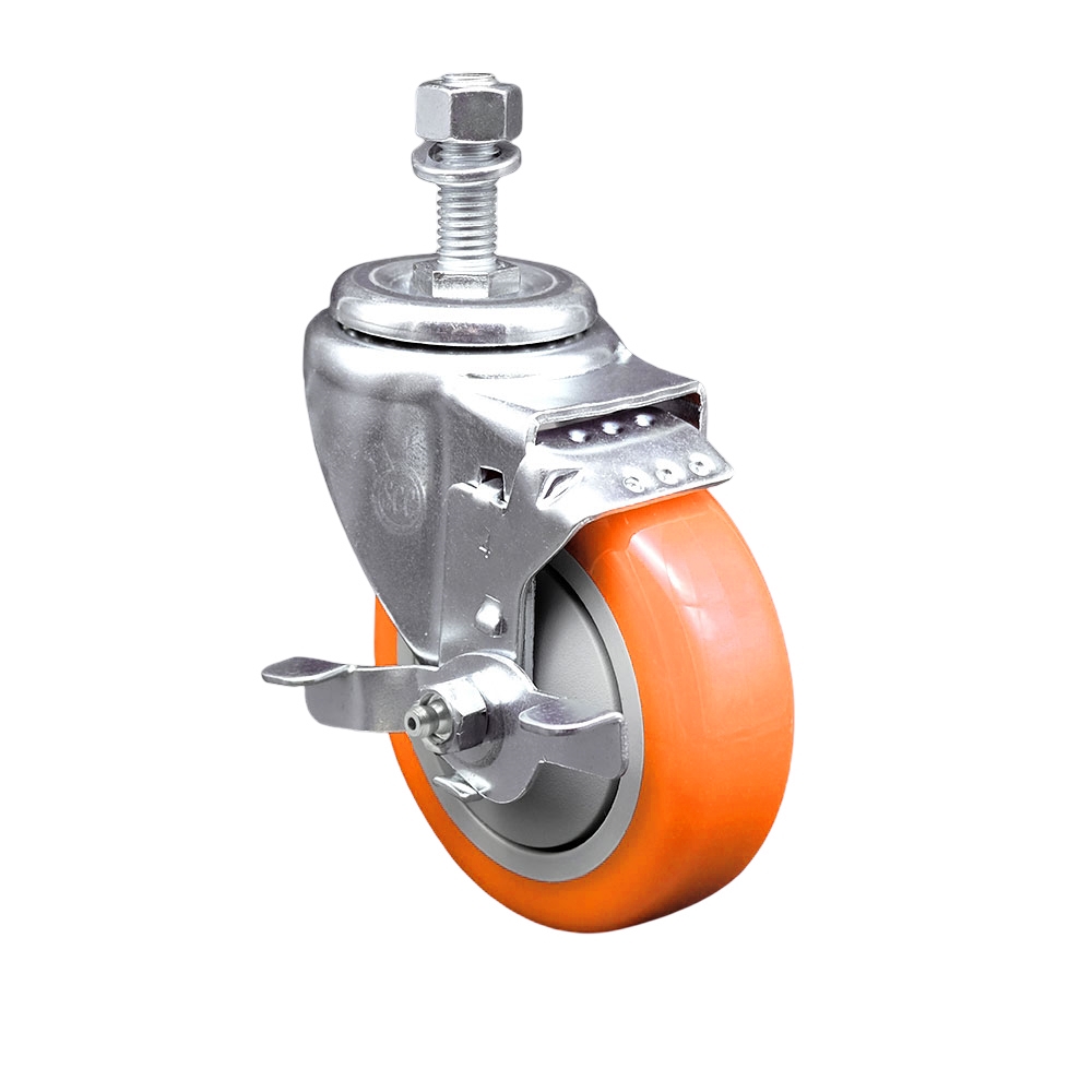 Stainless Steel Polyurethane Swivel Threaded Stem Caster with 4 x 1.25 in. Orange Wheel & 0.5 in. Stem & Top Locking Brake
