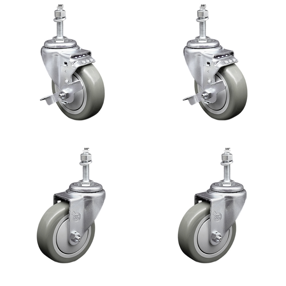 Stainless Steel Polyurethane Swivel Threaded Stem Caster with 4 x 1.25 in. Orange Wheels & 0.38 in. Stems - Set of 4