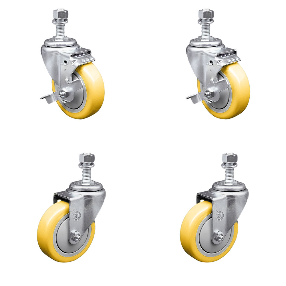 Stainless Steel Polyurethane Swivel Threaded Stem Caster with 4 x 1.25 in. Yellow Wheels & 12 mm Stems - Set of 4