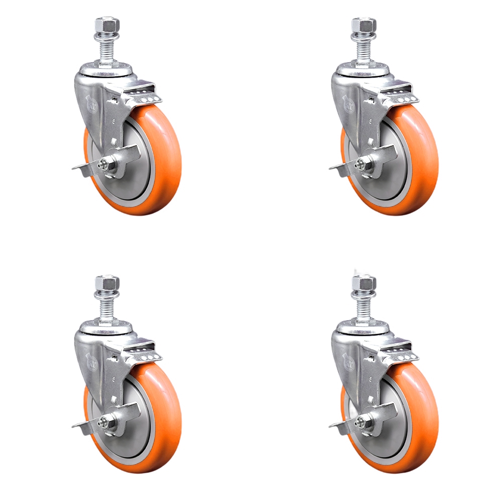 Stainless Steel Polyurethane Swivel Threaded Stem Caster with 5 x 1.25 in. Orange Wheels & 0.5 in. Stems - Set of 4