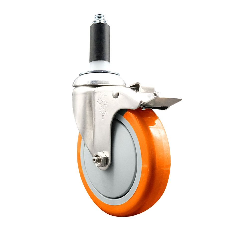 Polyurethane Swivel Stem Caster with 5 in. Orange Caster Wheels & Total Lock Brake, 1 in. Expanding Stem - 316 Stainless Steel Caster