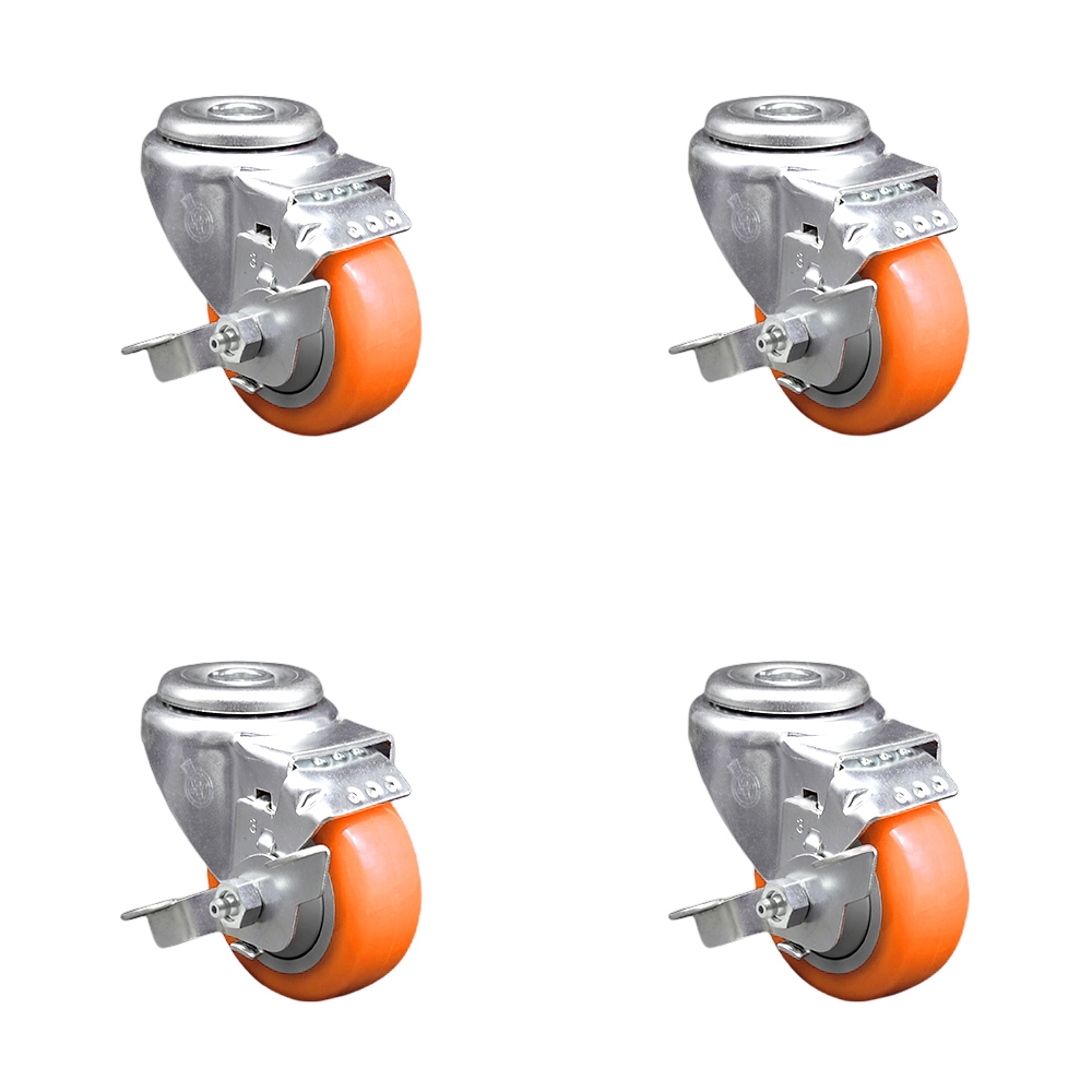 SCC-SSBH20S314-PPUB-ORG-TLB-4 Stainless Steel Polyurethane Swivel Bolt Hole Caster with 3 x 1.25 in. Orange Wheels - Set of 4