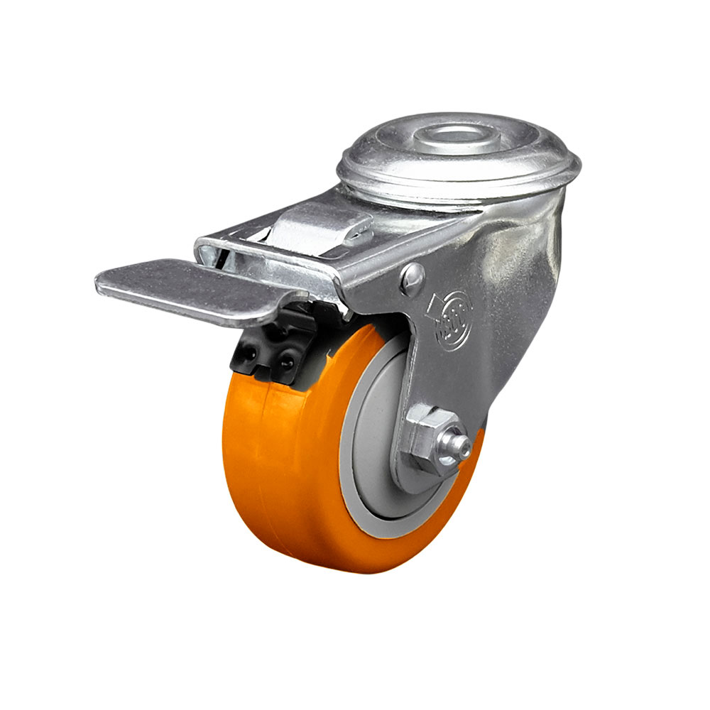 SCC-SSBHTTL20S314-PPUB-ORG Stainless Steel Polyurethane Swivel Bolt Hole Caster with 3 x 1.25 in. Orange Wheel & Total Locking Brake