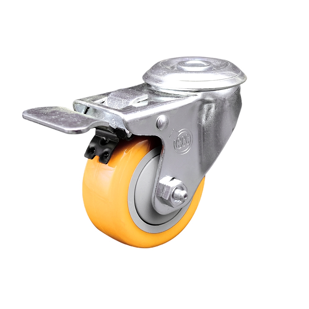 SCC-SSBHTTL20S3514-PPUB-YEL Stainless Steel Polyurethane Swivel Bolt Hole Caster with 3.5 x 1.25 in. Yellow Wheel & Total Locking Brake